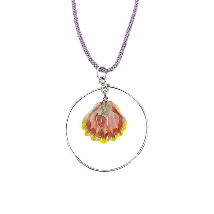 Halo Sunrise Shell O'ahu Kumihimo Braided Lavender Silk Necklace-Sterling Silver