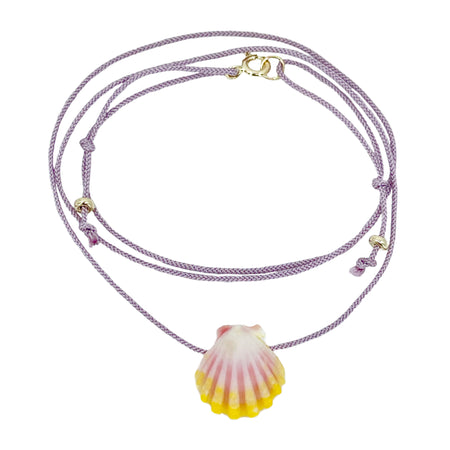 Adjustable O'ahu Sunrise Shell Kahelelani Puka Kumihimo Braided Purple Silk Necklace-Yellow Gold