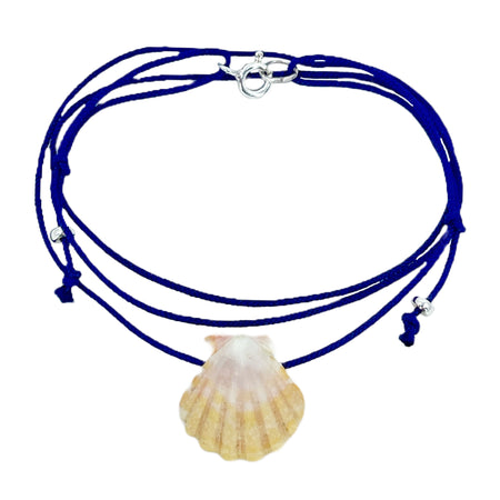 Adjustable O'ahu Sunrise Shell Kahelelani Puka Kumihimo Braided Blue Silk Necklace-Sterling Silver