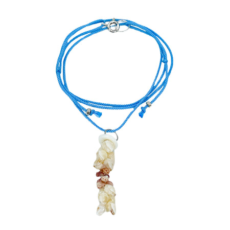 Adjustable Pikake Kahelelani Momi Puka Shell O'ahu Kauai Kumihimo Braided Blue Silk Pendant Necklace-Sterling Silver