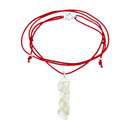 Adjustable Pikake Momi Puka Shell O'ahu Kauai Ni'ihau Kumihimo Braided Red Silk Pendant Necklace-Sterling Silver